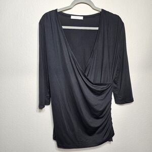 DoubleJu Black 1X Wrap Front Ruched Top with 3/4 Sleeves